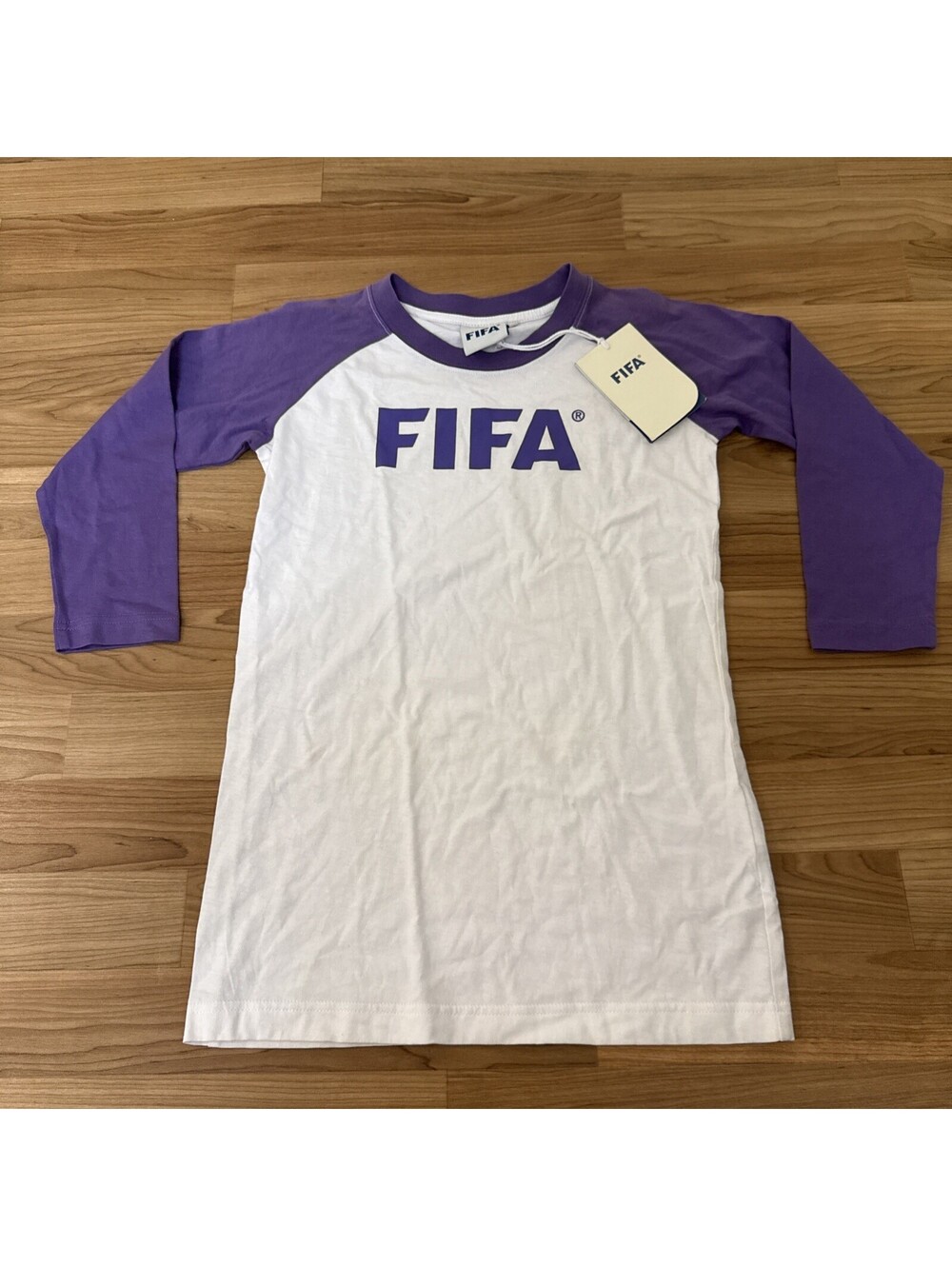 [NEW] NWT Official FIFA Soccer Logo Raglan Baseball Tee - White/Purple - Size XS